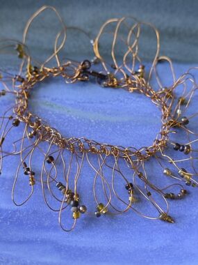 OOAK Gold Wire Fringe Bracelet with Brown and Olive Beads
